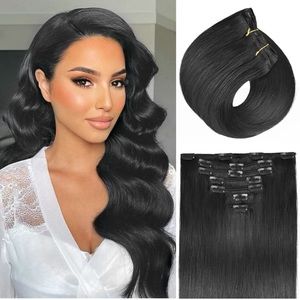 Hair Extensions Real Human Hair, 14 Inch 125g 7pcs #1B Natural Black